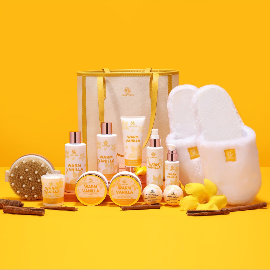 12pcs Gift Bags 5 Sets "Thanks a Vanilliom" Gifts for Bridemaids (5 Bags) Warm Vanilla Gift Set 12 Pieces SPA Luxetique Shower Gel Bubble Bath