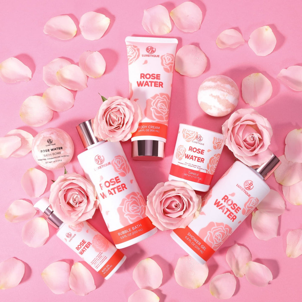 8pcs Gift Bags Rose Water Gift Set. Our Rose Water Bathing and Shower Gift Set with a Tote Bag is the perfect gift for special occasions such as birthdays, anniversaries, Valentine's Day, Mother's Day, or simply as a treat for yourself to enhance your at-home spa experience.