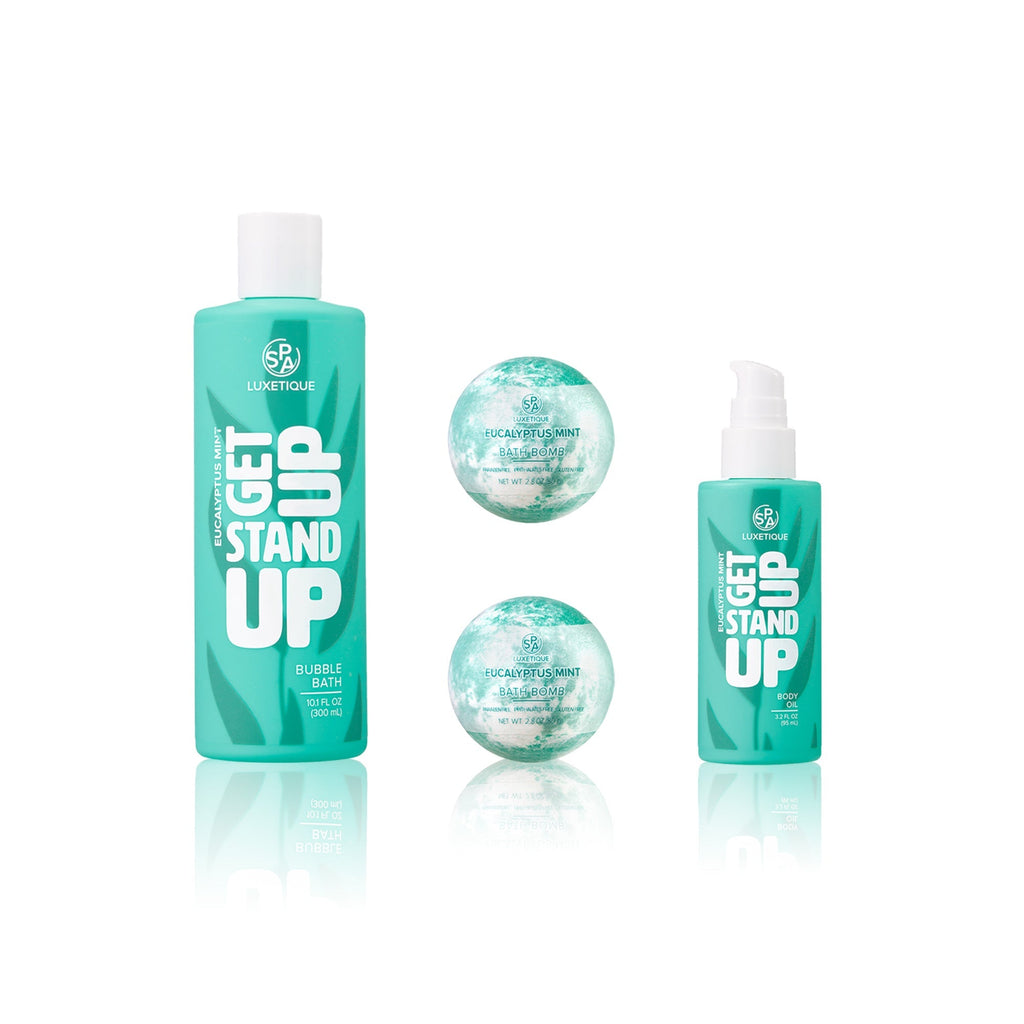 Eucalyptus Mint Bath Set Get Up Stand Up Bath Set. Revitalize your senses with our Eucalyptus Mint bath set, Infused with natural ingredients, these products help nourish and soothe your skin while the fragrant scent invigorates your body and mind.