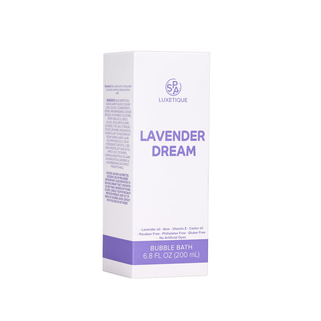 SPA Luxetique Lavender Dream Bubble Bath. The calming properties of lavender promote relaxation, helping you unwind and prepare for a restful night's sleep. Drift off to dreamland faster and awaken with renewed vitality, ready to embrace the day ahead. Embrace the power of lavender and discover the ultimate pathway to inner peace and rejuvenation.