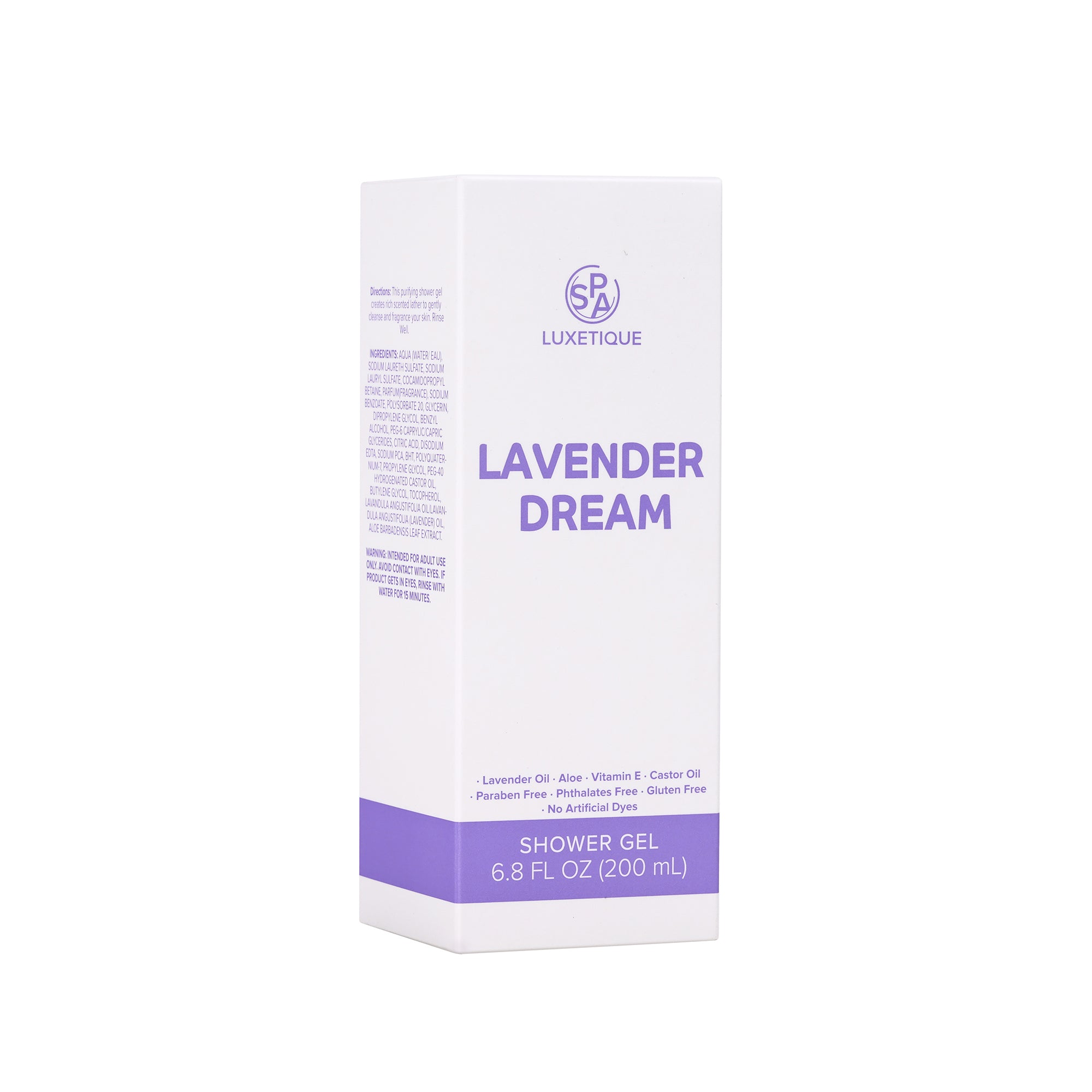 SPA Luxetique Lavender Dream Shower Gel. Contains gentle yet effective cleansing abilities using gentle ingredients. Simply lather the product in a silky smooth foam and rinse. Our formula is gentle on all skin types and leaves a subtle lavender fragrance.